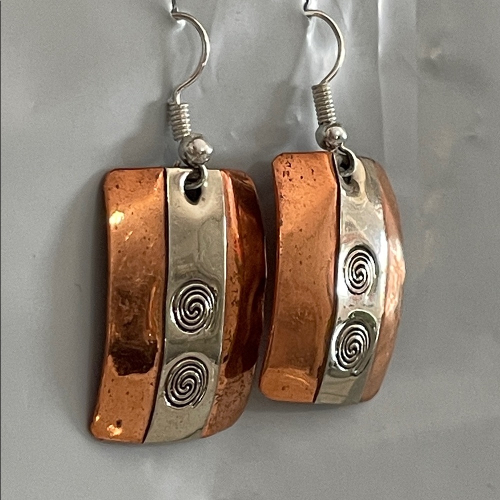 Copper And Silver Rectangular Earrings - image 2